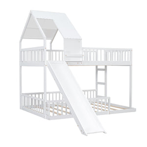 English Elm Wood Pine House Bunk Bed Full Xl Over Queen with Slide Integrated Ladder Kids White N7090002254K