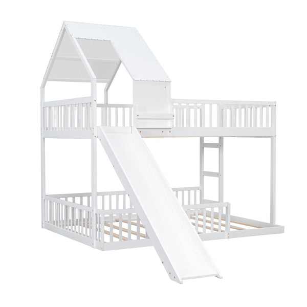 English Elm Wood Pine House Bunk Bed Full Xl Over Queen with Slide Integrated Ladder Kids White N7090002254K