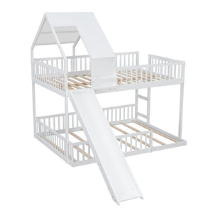English Elm Wood Pine House Bunk Bed Full Xl Over Queen with Slide Integrated Ladder Kids White N7090002254K