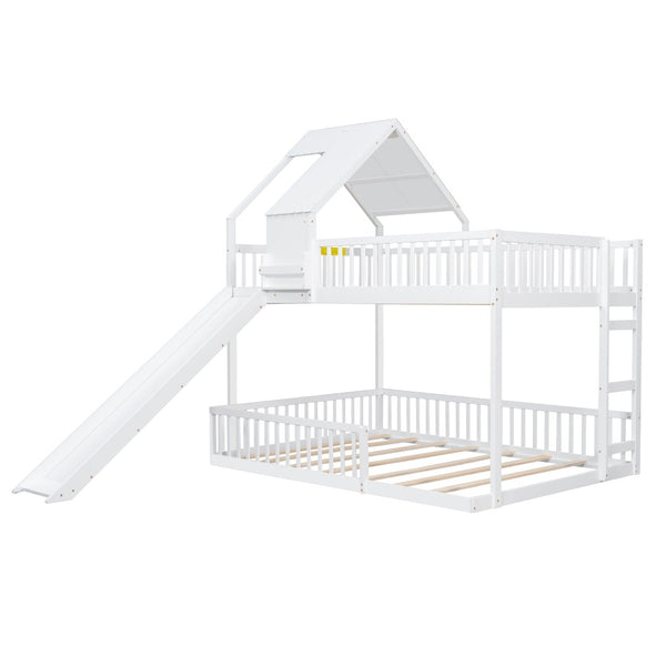 English Elm Wood Pine House Bunk Bed Full Xl Over Queen with Slide Integrated Ladder Kids White N7090002254K
