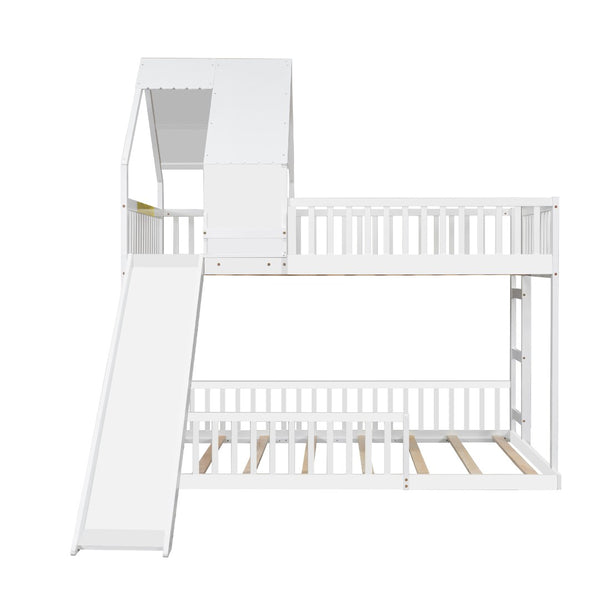 English Elm Wood Pine House Bunk Bed Full Xl Over Queen with Slide Integrated Ladder Kids White N7090002254K