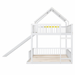 English Elm Wood Pine House Bunk Bed Full Xl Over Queen with Slide Integrated Ladder Kids White N7090002254K