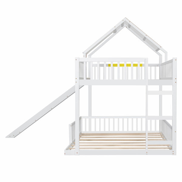 English Elm Wood Pine House Bunk Bed Full Xl Over Queen with Slide Integrated Ladder Kids White N7090002254K