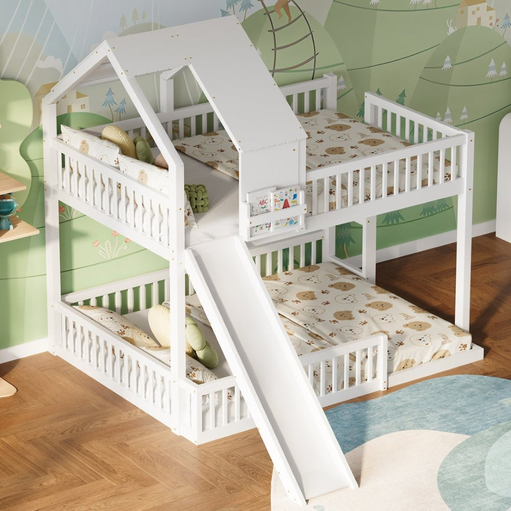 English Elm Wood Pine House Bunk Bed Full Xl Over Queen with Slide Integrated Ladder Kids White N7090002254K