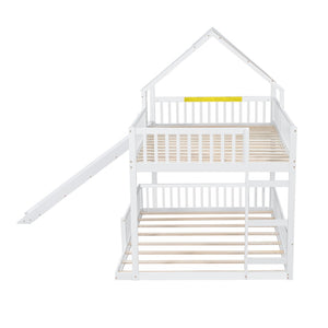 English Elm Wood Pine House Bunk Bed Full Xl Over Queen with Slide Integrated Ladder Kids White N7090002254K