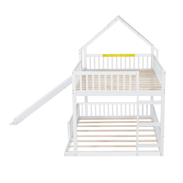 English Elm Wood Pine House Bunk Bed Full Xl Over Queen with Slide Integrated Ladder Kids White N7090002254K