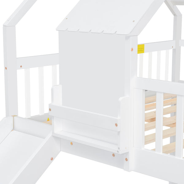 English Elm Wood Pine House Bunk Bed Full Xl Over Queen with Slide Integrated Ladder Kids White N7090002254K