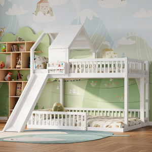 English Elm Wood Pine House Bunk Bed Full Xl Over Queen with Slide Integrated Ladder Kids White N7090002254K