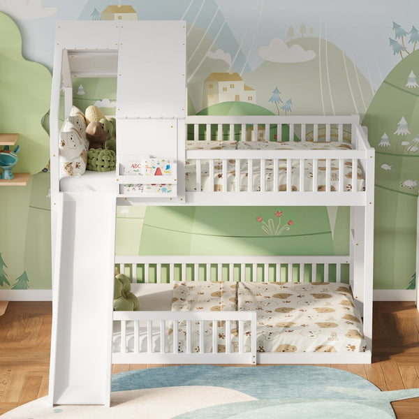 English Elm Wood Pine House Bunk Bed Full Xl Over Queen with Slide Integrated Ladder Kids White N7090002254K