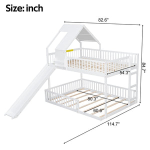 English Elm Wood Pine House Bunk Bed Full Xl Over Queen with Slide Integrated Ladder Kids White N7090002254K