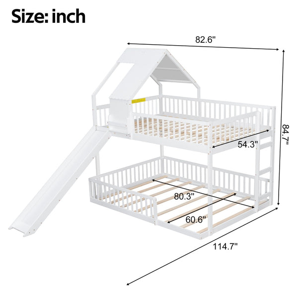 English Elm Wood Pine House Bunk Bed Full Xl Over Queen with Slide Integrated Ladder Kids White N7090002254K