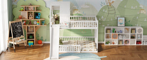 English Elm Wood Pine House Bunk Bed Full Xl Over Queen with Slide Integrated Ladder Kids White N7090002254K