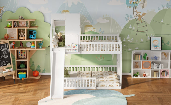 English Elm Wood Pine House Bunk Bed Full Xl Over Queen with Slide Integrated Ladder Kids White N7090002254K