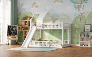 English Elm Wood Pine House Bunk Bed Full Xl Over Queen with Slide Integrated Ladder Kids White N7090002254K