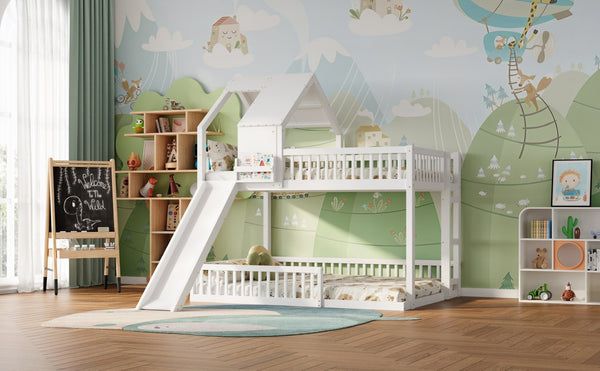 English Elm Wood Pine House Bunk Bed Full Xl Over Queen with Slide Integrated Ladder Kids White N7090002254K
