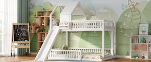 English Elm Wood Pine House Bunk Bed Full Xl Over Queen with Slide Integrated Ladder Kids White N7090002254K