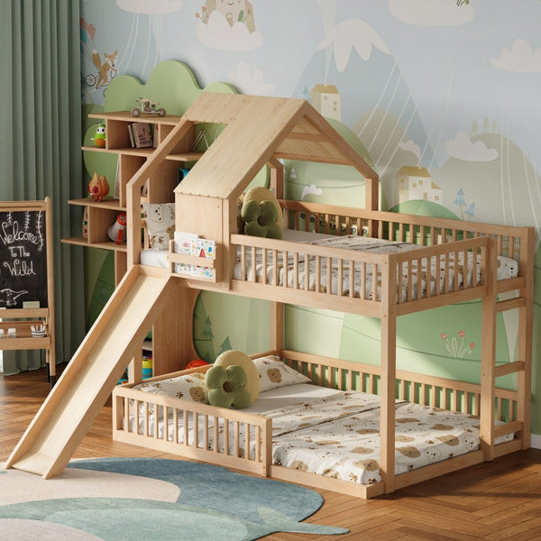 English Elm Wood Pine House Bunk Bed Full Xl Over Queen with Slide Integrated Ladder Kids Natural N7090002254N