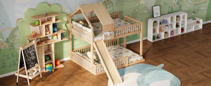English Elm Wood Pine House Bunk Bed Full Xl Over Queen with Slide Integrated Ladder Kids Natural N7090002254N