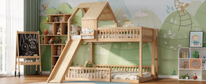 English Elm Wood Pine House Bunk Bed Full Xl Over Queen with Slide Integrated Ladder Kids Natural N7090002254N