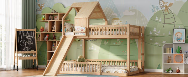 English Elm Wood Pine House Bunk Bed Full Xl Over Queen with Slide Integrated Ladder Kids Natural N7090002254N