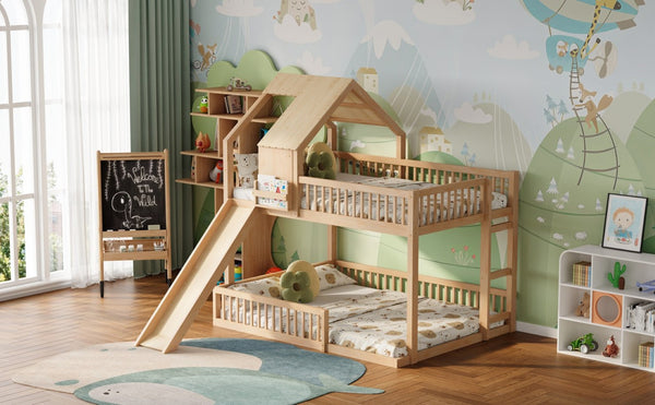 English Elm Wood Pine House Bunk Bed Full Xl Over Queen with Slide Integrated Ladder Kids Natural N7090002254N