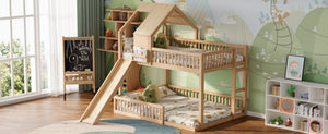 English Elm Wood Pine House Bunk Bed Full Xl Over Queen with Slide Integrated Ladder Kids Natural N7090002254N
