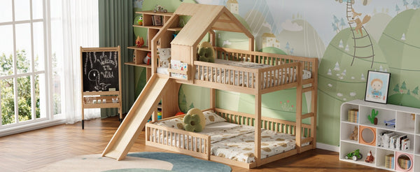 English Elm Wood Pine House Bunk Bed Full Xl Over Queen with Slide Integrated Ladder Kids Natural N7090002254N