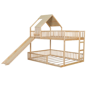 English Elm Wood Pine House Bunk Bed Full Xl Over Queen with Slide Integrated Ladder Kids Natural N7090002254N