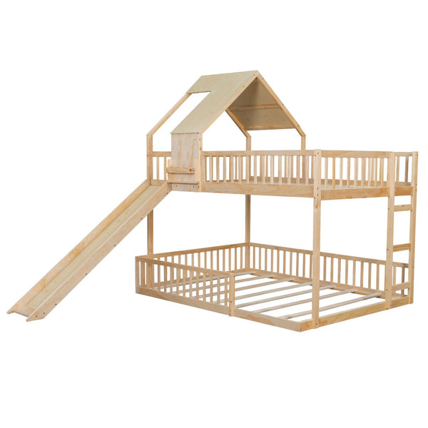English Elm Wood Pine House Bunk Bed Full Xl Over Queen with Slide Integrated Ladder Kids Natural N7090002254N