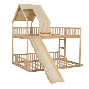 English Elm Wood Pine House Bunk Bed Full Xl Over Queen with Slide Integrated Ladder Kids Natural N7090002254N