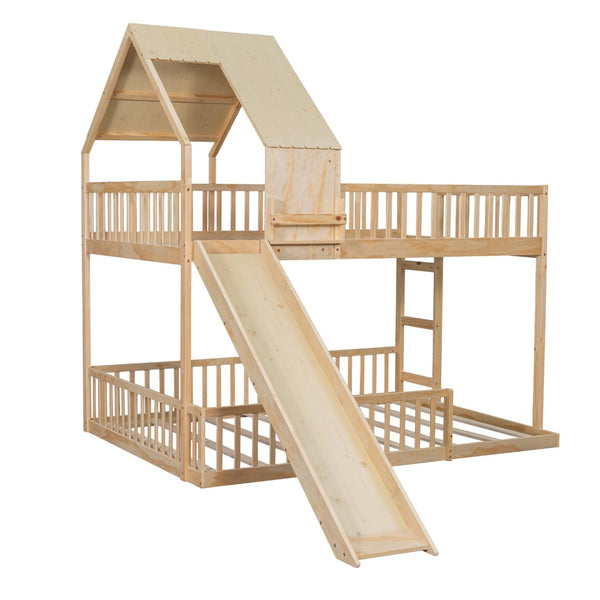 English Elm Wood Pine House Bunk Bed Full Xl Over Queen with Slide Integrated Ladder Kids Natural N7090002254N