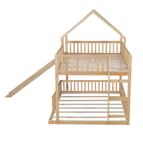 English Elm Wood Pine House Bunk Bed Full Xl Over Queen with Slide Integrated Ladder Kids Natural N7090002254N
