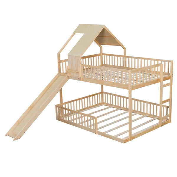 English Elm Wood Pine House Bunk Bed Full Xl Over Queen with Slide Integrated Ladder Kids Natural N7090002254N