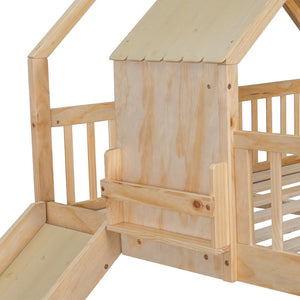 English Elm Wood Pine House Bunk Bed Full Xl Over Queen with Slide Integrated Ladder Kids Natural N7090002254N