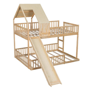 English Elm Wood Pine House Bunk Bed Full Xl Over Queen with Slide Integrated Ladder Kids Natural N7090002254N
