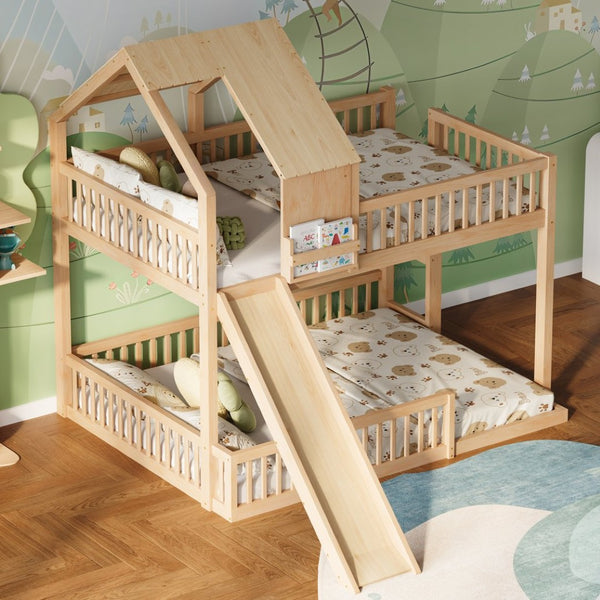 English Elm Wood Pine House Bunk Bed Full Xl Over Queen with Slide Integrated Ladder Kids Natural N7090002254N
