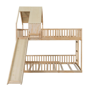 English Elm Wood Pine House Bunk Bed Full Xl Over Queen with Slide Integrated Ladder Kids Natural N7090002254N
