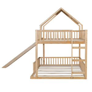 English Elm Wood Pine House Bunk Bed Full Xl Over Queen with Slide Integrated Ladder Kids Natural N7090002254N