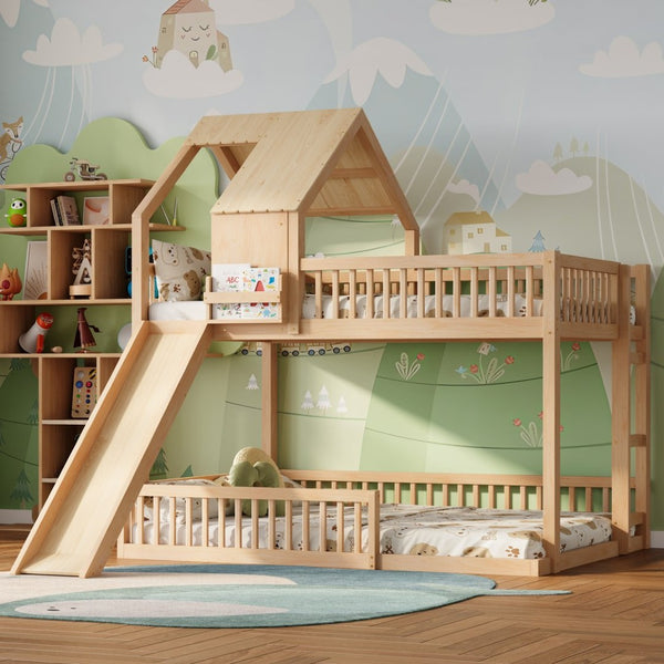 English Elm Wood Pine House Bunk Bed Full Xl Over Queen with Slide Integrated Ladder Kids Natural N7090002254N