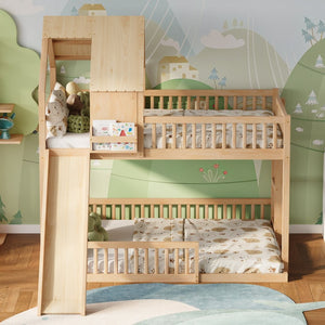 English Elm Wood Pine House Bunk Bed Full Xl Over Queen with Slide Integrated Ladder Kids Natural N7090002254N