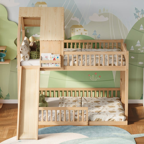 English Elm Wood Pine House Bunk Bed Full Xl Over Queen with Slide Integrated Ladder Kids Natural N7090002254N