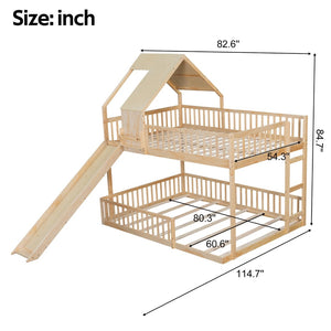 English Elm Wood Pine House Bunk Bed Full Xl Over Queen with Slide Integrated Ladder Kids Natural N7090002254N