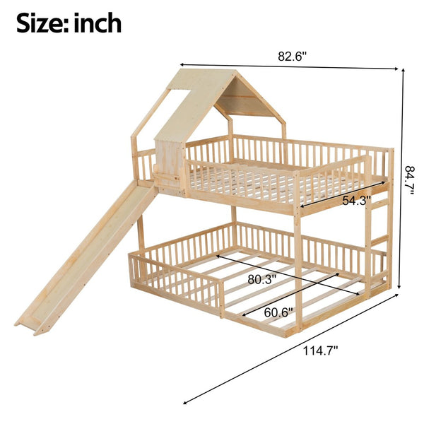 English Elm Wood Pine House Bunk Bed Full Xl Over Queen with Slide Integrated Ladder Kids Natural N7090002254N