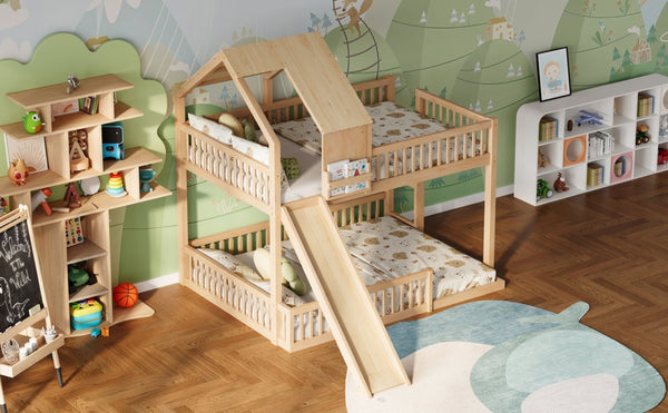 English Elm Wood Pine House Bunk Bed Full Xl Over Queen with Slide Integrated Ladder Kids Natural N7090002254N