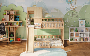 English Elm Wood Pine House Bunk Bed Full Xl Over Queen with Slide Integrated Ladder Kids Natural N7090002254N
