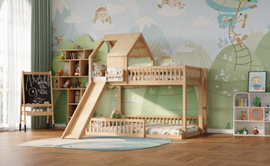 English Elm Wood Pine House Bunk Bed Full Xl Over Queen with Slide Integrated Ladder Kids Natural N7090002254N