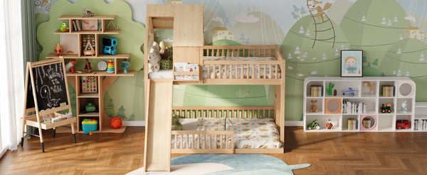 English Elm Wood Pine House Bunk Bed Full Xl Over Queen with Slide Integrated Ladder Kids Natural N7090002254N