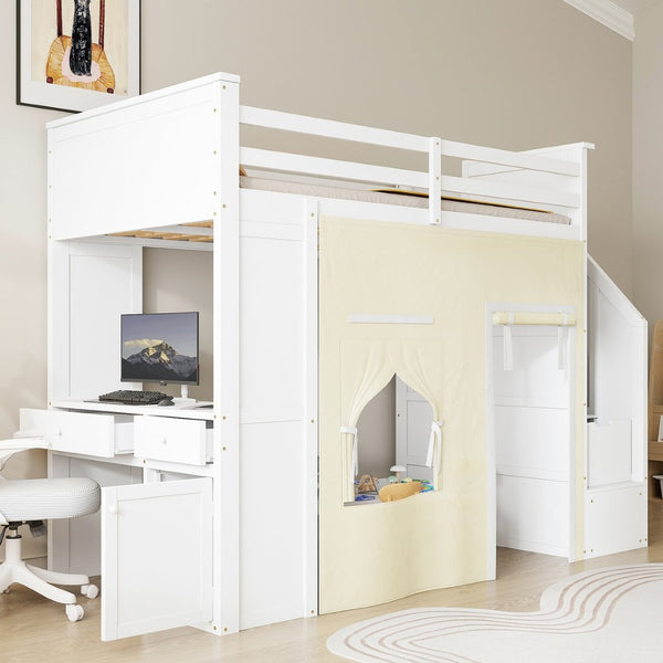 English Elm Twin Pine Loft Bed with Integrated Desk Lockers Storage Staircase and Blackout Curtain N7090002255K