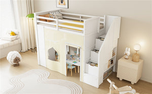 English Elm Twin Pine Loft Bed with Integrated Desk Lockers Storage Staircase and Blackout Curtain N7090002255K
