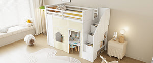 English Elm Twin Pine Loft Bed with Integrated Desk Lockers Storage Staircase and Blackout Curtain N7090002255K